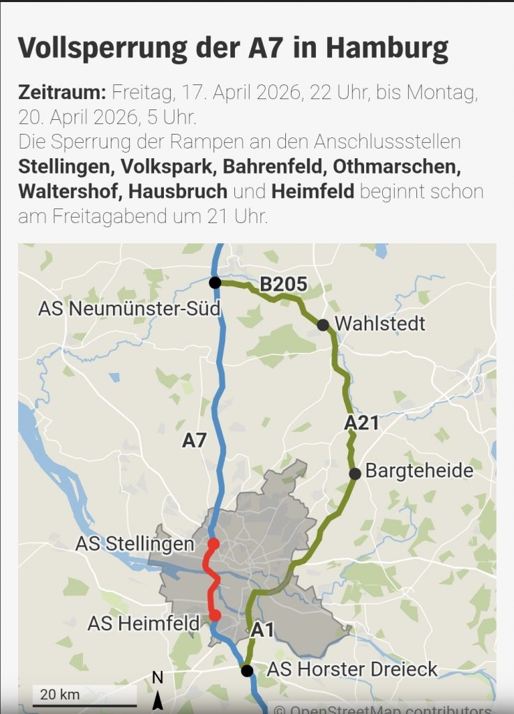 Hamburg’da A7 Otoyolu ve Elbe Tüneli Hafta Sonu Trafiğe Kapanıyor.