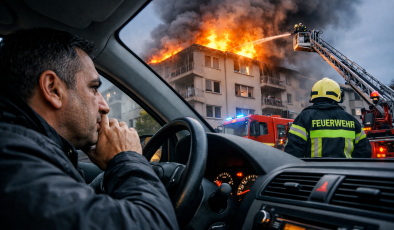 Gurbetçi Şoför, Yangın Çıkan Bina Sakinlerini  Araç Kornasıyla Uyararak Bir Facianın Önüne Geçti.