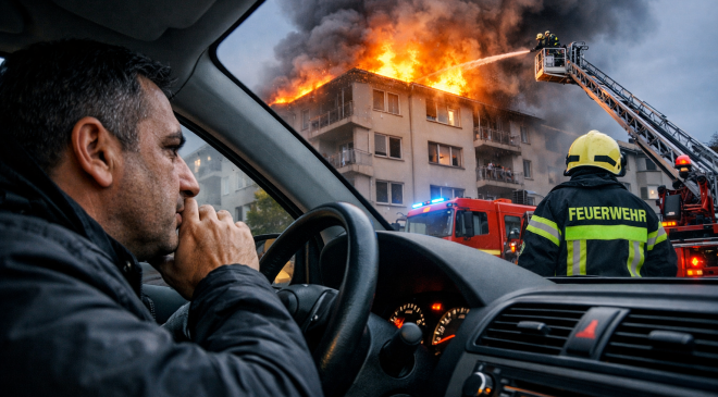 Gurbetçi Şoför, Yangın Çıkan Bina Sakinlerini  Araç Kornasıyla Uyararak Bir Facianın Önüne Geçti.