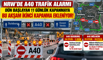 NRW’de A40 üzerinde trafik uyarısı: Dün başlayan 11 günlük kapanmaya bu gece bir kapanma daha eklendi!