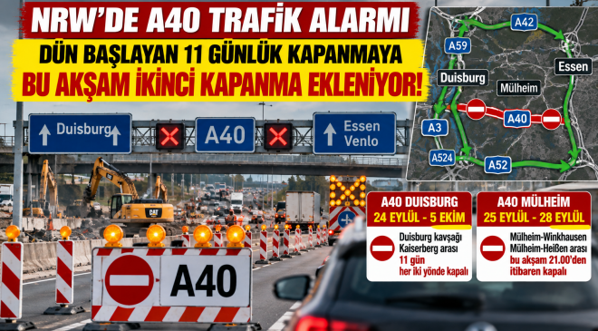 NRW’de A40 üzerinde trafik uyarısı: Dün başlayan 11 günlük kapanmaya bu gece bir kapanma daha eklendi!