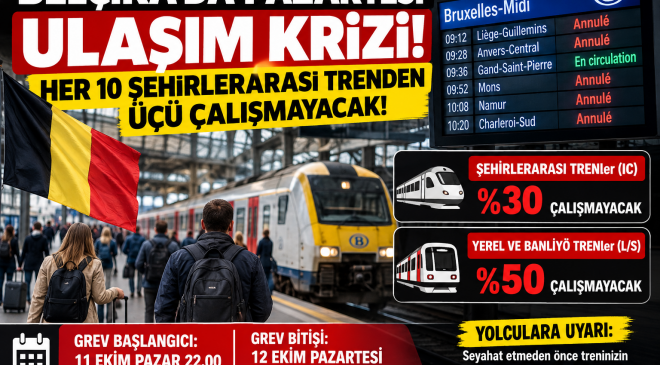 BELÇİKA’DA PAZARTESİ GÜNÜ ULAŞIM KRİZİ: HER ON ŞEHİRLERARASI TRENDEN ÜÇÜ ÇALIŞMAYACAK!